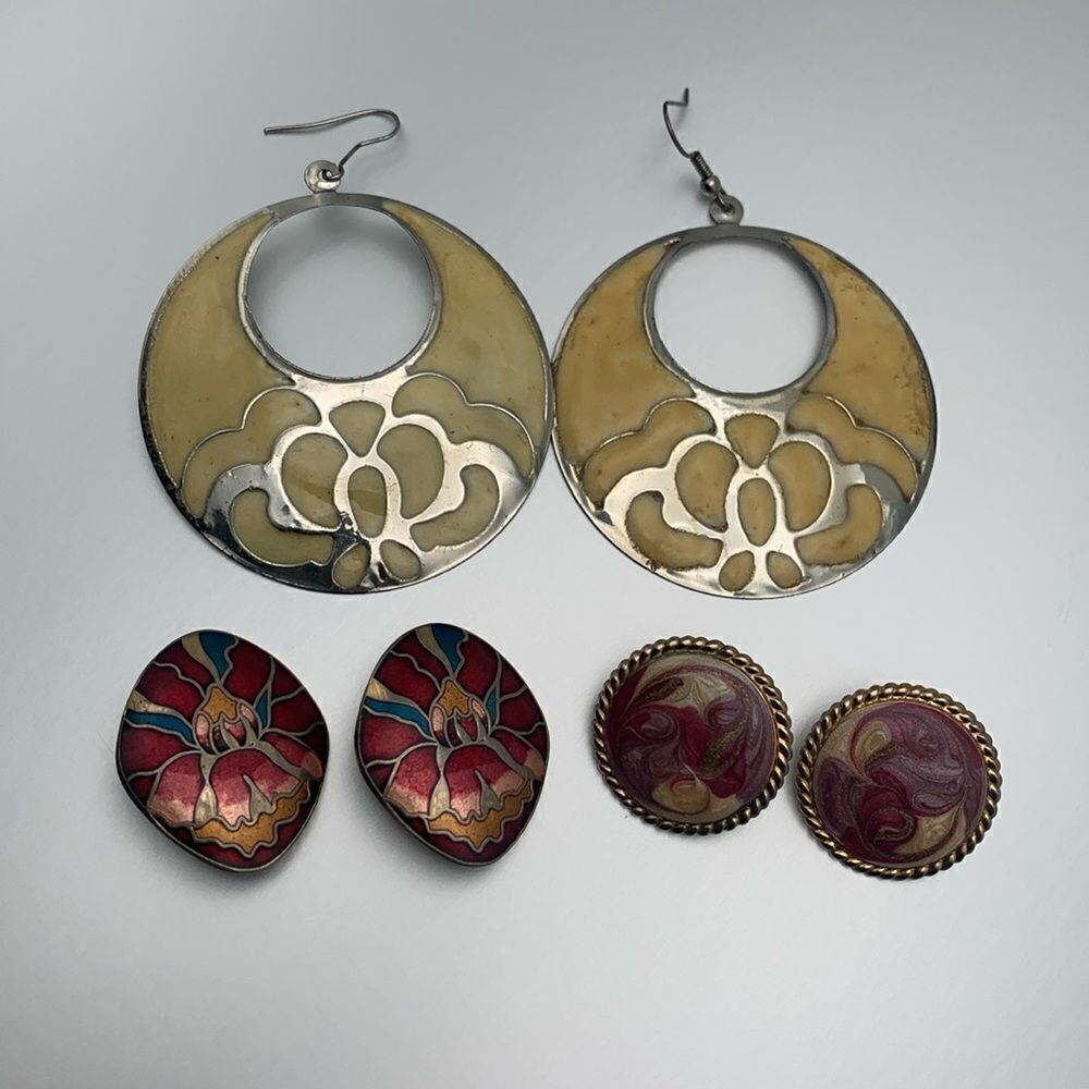Vintage SET of 3 PAIRS of Gorgeous Hues ENAMELED-METAL earrings, Unmarked